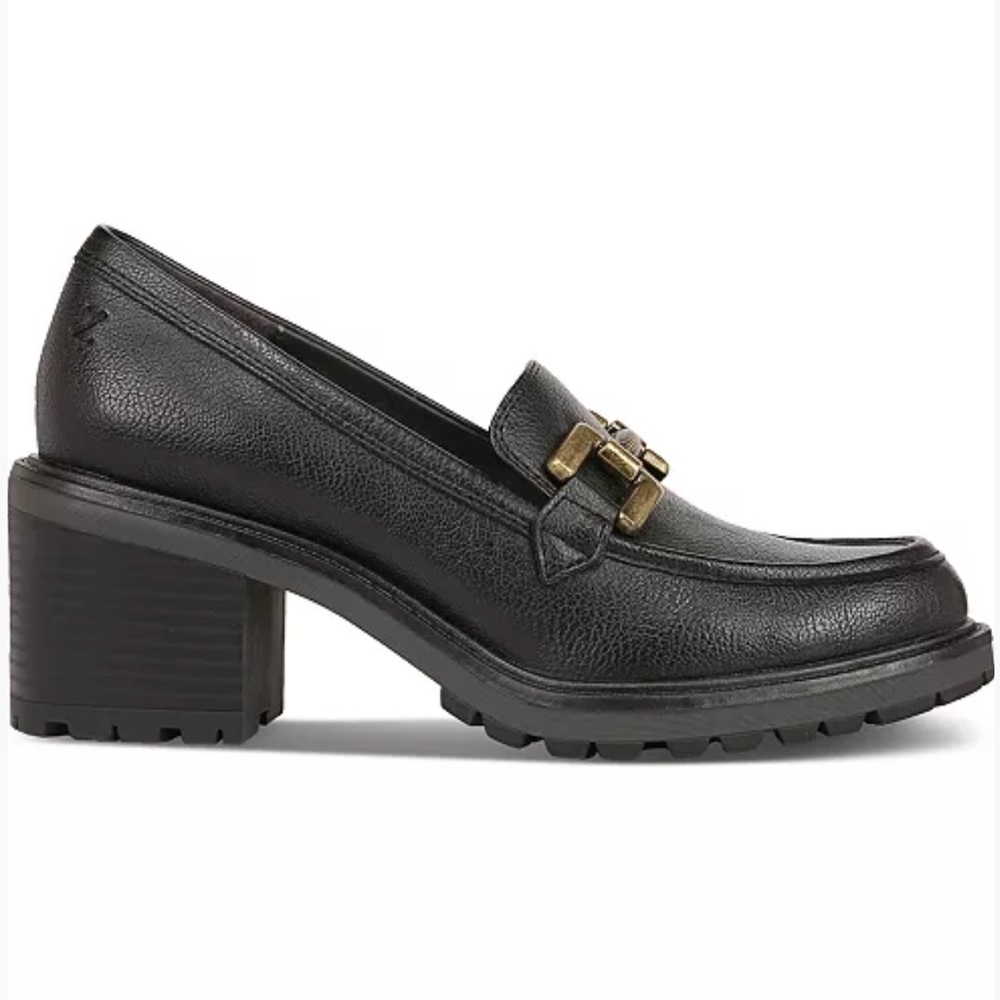 Clarks Black Leather Block Heel Loafers with Gold Accent - Picture 3 of 6